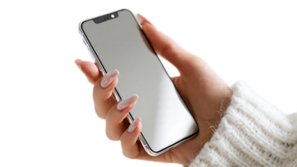 A hand holding a smartphone with long nails and a white sweater sleeve in the background space around it