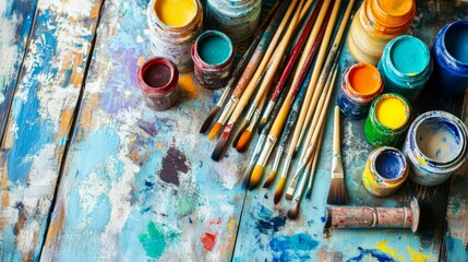 Colorful paint jars and brushes arranged on a vibrant artist's workspace showcasing creativity and artistic expression