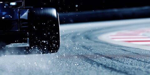 Close-up of F1 tires gripping the track during a high-speed turn, rubber particles flying, asphalt texture in sharp detail, dynamic macro realism.
