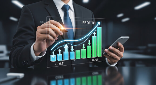 Businessman analyzing holographic financial growth chart with profits and costs, holding a smartphone in a modern office setting.