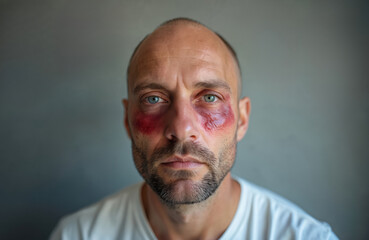 Obraz premium Man face with severe swelling around his eyes. The caucasian adult male shows symptoms of possible allergic reaction or angioedema. Close up shot of inflammation and affected area near eyes.
