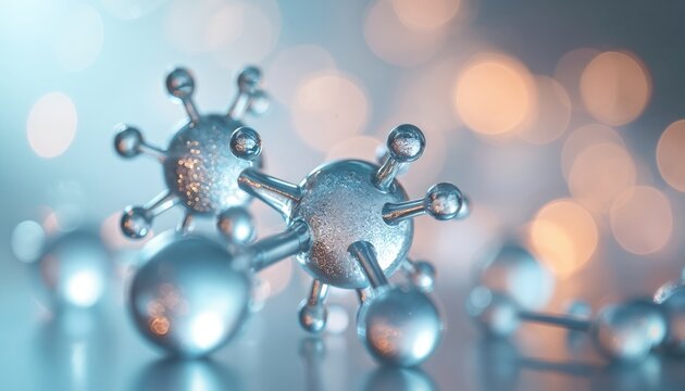 Glass molecular structure with many small spheres. Abstract scientific model shows intricate connections and fragile detail. Close up view of atoms forming complex lattice.