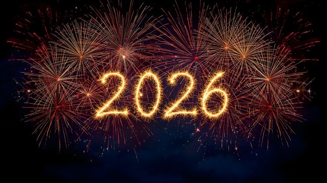 Bright golden neon numbers 2026 illuminated against a dark background filled with vibrant fireworks display celebrating new year s eve - Powered by Adobe