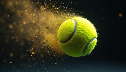 Bright green tennis ball flies through air. Golden dust particles spray around, showing speed, impact. Dynamic image captures intense game action, power of sport equipment in motion. Ball fuzzy.
