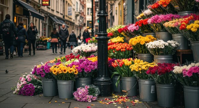 Abundant colorful floral display saturates the pavement of a bustling city street scene