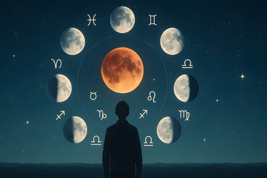 Silhouette man watching moon phases and zodiac signs in night sky, astrology mystic celestial concept, horoscope astronomy spirituality alignment cosmic universe destiny meditation star chart symbolis - Powered by Adobe