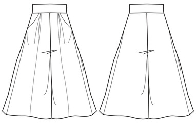 Women's cropped flare pants  trouser flat sketch fashion illustration cad drawing front and back view, Wide leg boot cut pant design