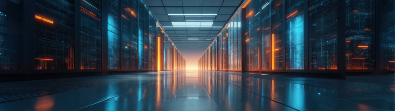 Futuristic datacenter with liquid cooling infrastructure integrated into sleek server towers and glowing blue orange reflections, green computing and innovation concept for sustainable technology.