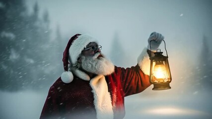 Santa claus holding a lantern in a snowy forest at dusk - Powered by Adobe