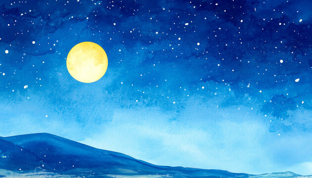 Watercolor Nightscape Moonlit Serenity Over Mountain Ridge at Dusk - Powered by Adobe