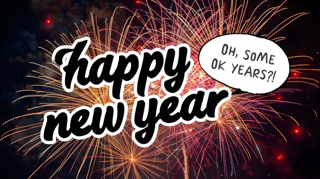 Happy new year text overlayed on a vibrant fireworks display with a humorous speech bubble asking oh some ok years