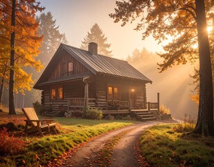 A rustic wooden cabin is enveloped in the warm golden light of a sunrise or sunset in a tranquil forest