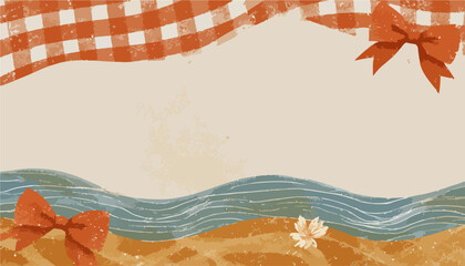 Fond vectoriel charmant évoquant un pique-nique ou la plage, avec motifs vichy, vagues, sable et rubans, idéal pour vos créations estivales.