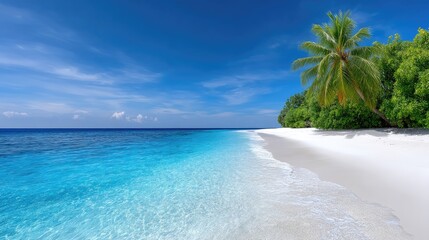Pristine White Sand Beach with Turquoise Ocean Waters and Lush Green Tropical Foliage Under a Clear Blue Sky with Bright Sunlight