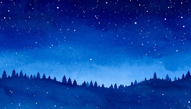 Watercolor night sky landscape with starry background and silhouettes of trees and hills