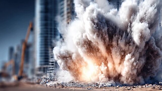 Demolition Cloud: An explosive cloud engulfs a high-rise building, a dramatic display of controlled demolition and urban transformation.