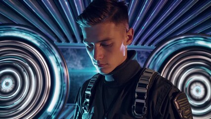 Man stands in futuristic neon tunnel. Portrait closeup shows focused face and intense gaze. Cyberpunk lights and scifi portal rings swirl behind man. Soldier wears backpack and tactical gear ready. - Powered by Adobe