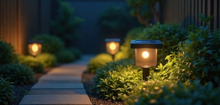 Illustration of solar powered lights illuminating a garden path at night. Modern eco-friendly lighting provides safe pathway. Green bushes create natural eco friendly landscape background.