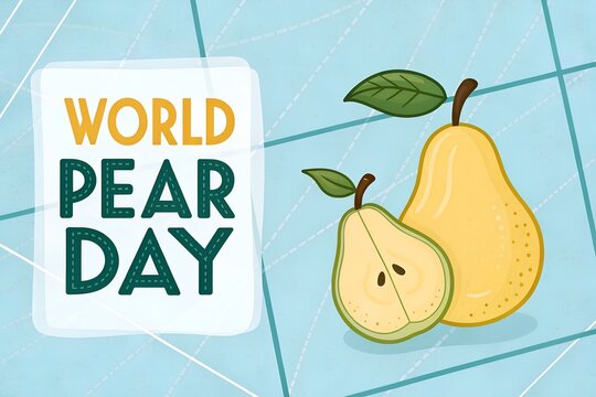Celebrate world pear day with a vibrant illustration featuring whole and halved pears alongside bold text announcing the special occasion perfect for promotional materials and festive designs