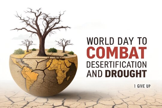 World day to combat desertification and drought illustration showing a cracked earth globe with a barren tree symbolizing environmental crisis and the urgent need for conservation efforts