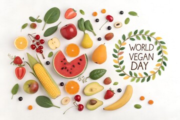 Vibrant arrangement of fresh fruits and vegetables forming a circular pattern with a world vegan day wreath celebrating healthy eating and plant based lifestyle