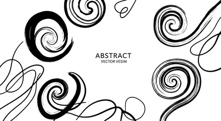 Fototapeta premium Abstract background with black hand-drawn brush stroke spirals and swirls on a white canvas.