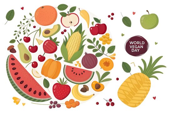 Vibrant assortment of fresh fruits and vegetables arranged in a circular pattern with a world vegan day emblem and a pineapple on a white background symbolizing healthy eating and plant based diets