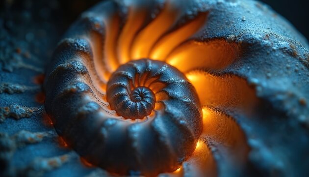 Closeup on nautilus shell highlights golden ratio spiral. Geometric shapes of sea shell displays Fibonacci sequence. Marine nature presents fractal pattern, swirl. Growth chamber cut shows structure