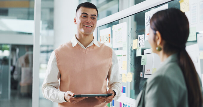 Talking, creative and business people in office for mobile app ideas, website and ui design. Digital agency, team and person with glass, brainstorming and layout for research, planning and software