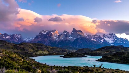 A scenic panoramic view of snow-capped mountains and a pristine blue lake under a dramatic, colorful sky