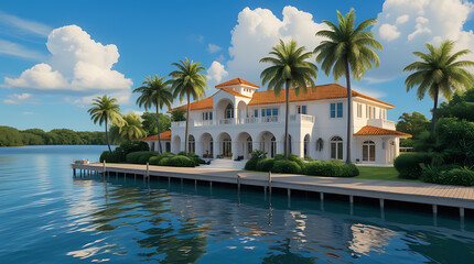 Obraz premium Luxury Waterfront Mansion with Palm Trees and Dock , Tropical Villa with White Facade, Orange Roof, and Reflections on Blue Bay Under Sunny Sky