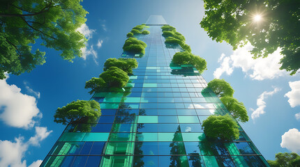 Low Angle View of Modern Glass Skyscraper with Green Trees, Contemporary sustainable Eco Architecture Reflecting Blue Sky and Clouds