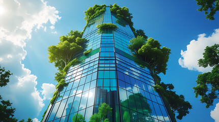 Low Angle View of Modern Glass Skyscraper with Green Trees, Contemporary sustainable Eco Architecture Reflecting Blue Sky and Clouds