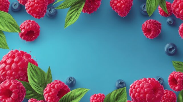 food frame of fresh summer berries raspberries and blueberries with leaves on blue background. Ideal for menus, packaging, cookbooks, nutritional advertising, farmers markets, natural health concepts