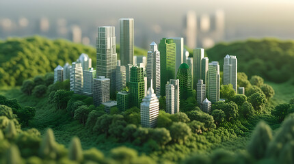 Miniature Futuristic City on Lush Green Forest, Eco  friendly Urban Landscape with Modern Skyscrapers and Sustainable Architecture