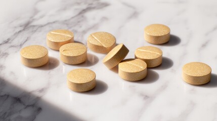 Golden brown pharmaceutical yeast supplement tablets scattered on white marble surface with realistic lighting and clean background