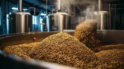 Golden Malt Grains Pouring into Brewing Vat with Steam in Industrial Production Facility