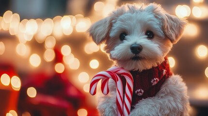 Festive plush puppy holding candy cane umbrella near glowing Christmas lights and cozy holiday ornaments