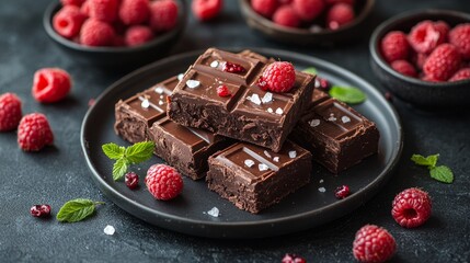 Gourmet dark chocolate pieces with raspberries, sea salt flakes, and fresh mint