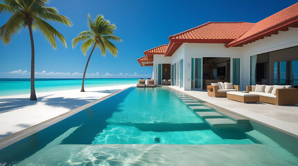 luxury tropical villa with infinity pool and palm trees by turquoise ocean, modern ocean front property resort under bright blue sky
