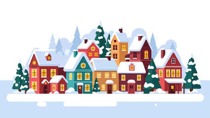 Colorful Snowy Village Illustration With Holiday Houses, Winter Trees, And Cozy Glow