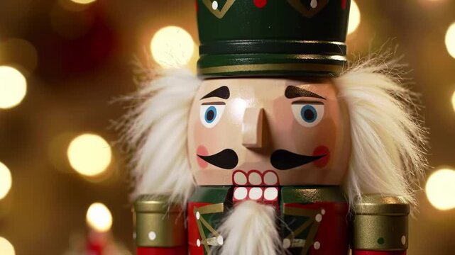A close-up shot of a wooden soldier figurine with a green and red uniform, white hair, a mustache, and a stern expression. Bokeh lights