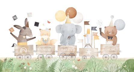 Funny animals travel on a toy train. Watercolor illustration. Party of funny friends. Green forest path. Kids party.