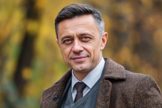 Businessman with a warm smile posed outdoors in a park surrounded by autumn leaves, showcasing a confident and approachable demeanor