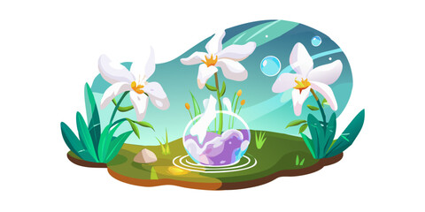 Naklejka premium surreal glass orchid filled with white liquid, glowing in dreamlike landscape, symbolic surrealist art