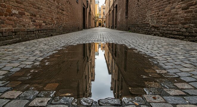 Cobblestone alleyway features a reflective puddle mirroring narrow street architecture after rainfall