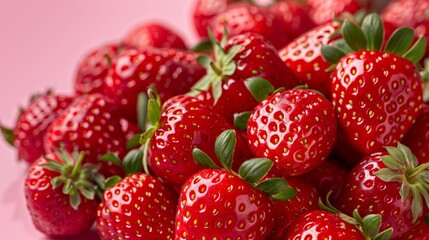High resolution closeup photograph of a vibrant pastel toned pile of strawberries showcasing their dewy texture