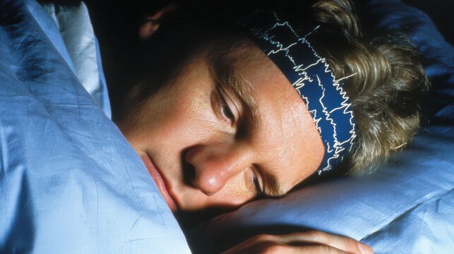 Individual Engaged in Restful Sleep with Sleep Monitoring Headband Emphasizing Sleep Quality and Modern Technology for Wellness in a Calm Domestic Setting captured with clarity