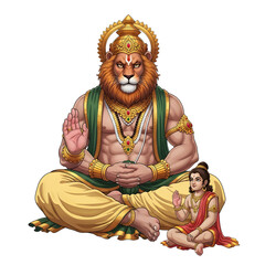 Obraz premium Lord Narasimha with devotee Prahalad sitting peacefully together isolated on transparent background