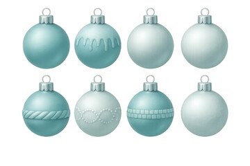 Decorative blue and white Christmas ornaments with various patterns arranged in a grid on a plain background